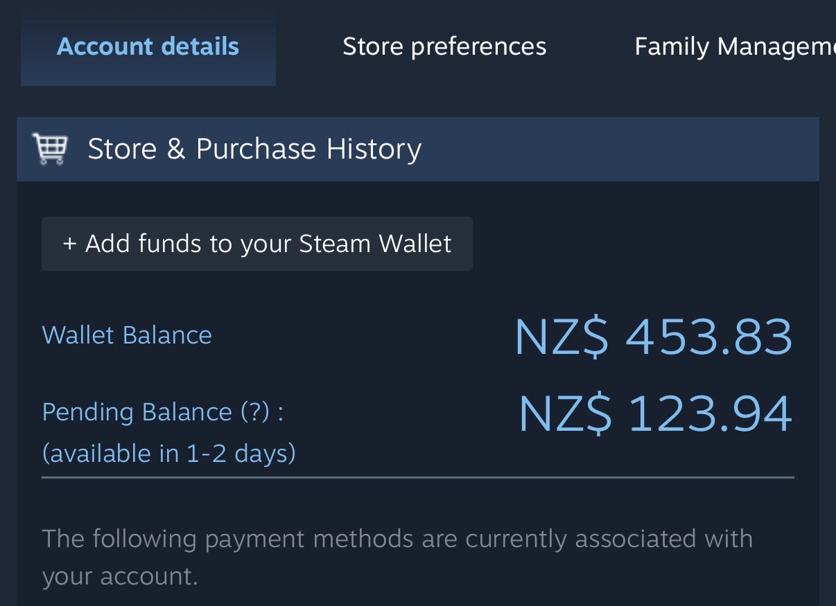 Steam account page showing a wallet balance of NZ$453.83 and a pending balance of NZ$123.94